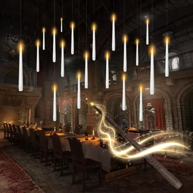 Flameless Floating Candles with Wand，20 Pcs Magic LED Hanging Taper Candles，Flickering Battery Operated Taper Candle with Wand Remote