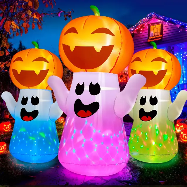 zukakii 5FT Halloween Inflatables Pumpkin Ghost Built-in 3-Pattern Colorful Flashing Light, Cute Halloween Blow Up Yard Decorations for Indoor Outdoor Home/Holiday/Party/Yard/Lawn (1PCS)