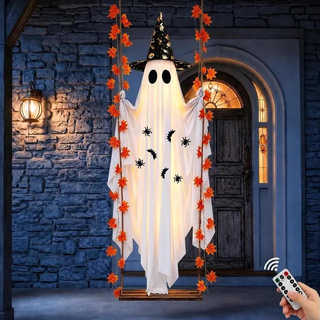 Halloween Decorations Outdoor, 5.4FT Large Hanging Swing Ghost Outdoor Decor with Witch Hat & Maple Leaf Vine, Remote Control LED Lights 8 Modes